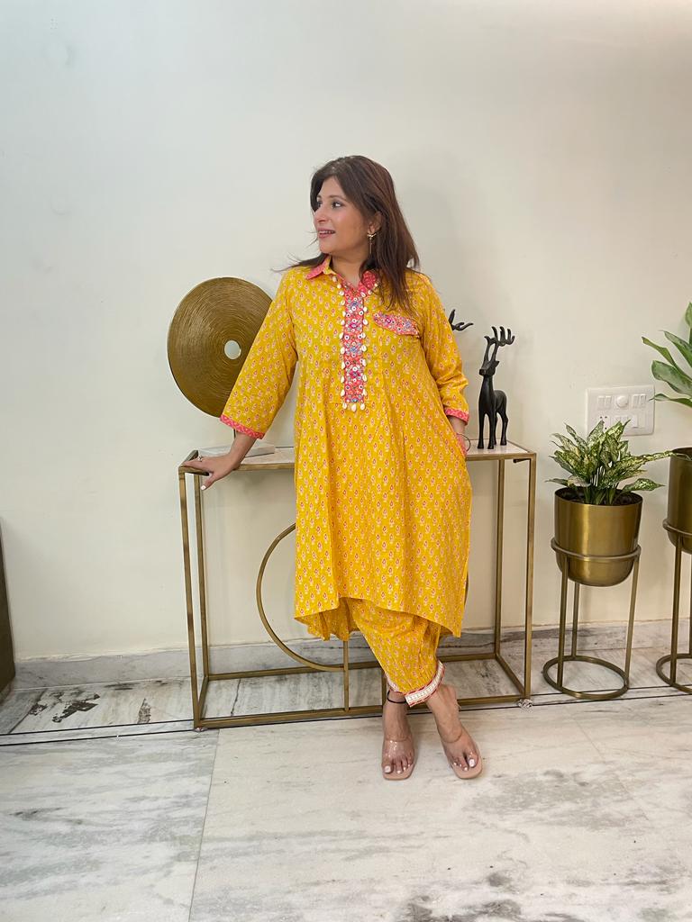 Yellow up and down kurta  with pleated salwar