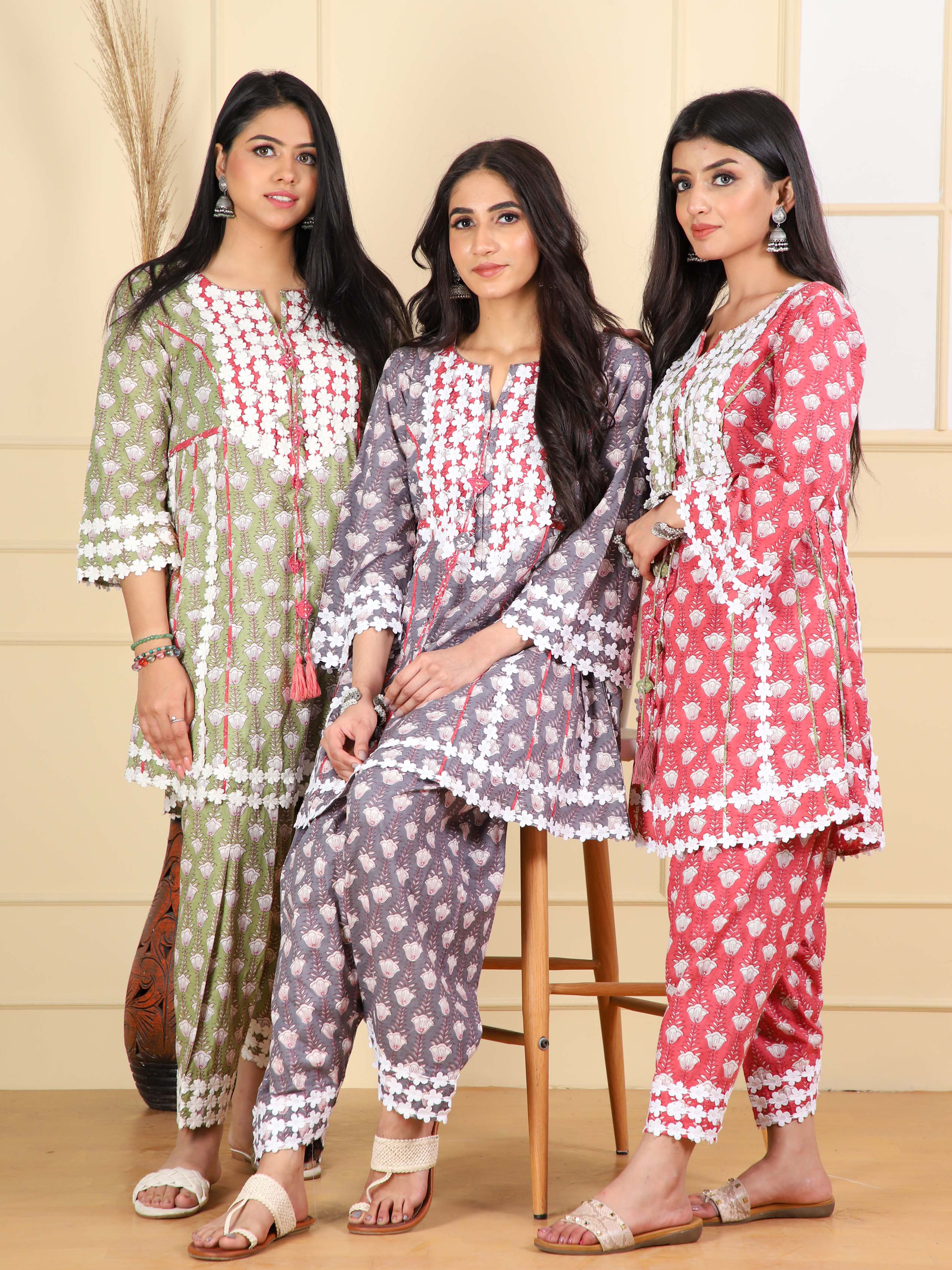 Short Kurta with Lotus Print & Straight Salwar