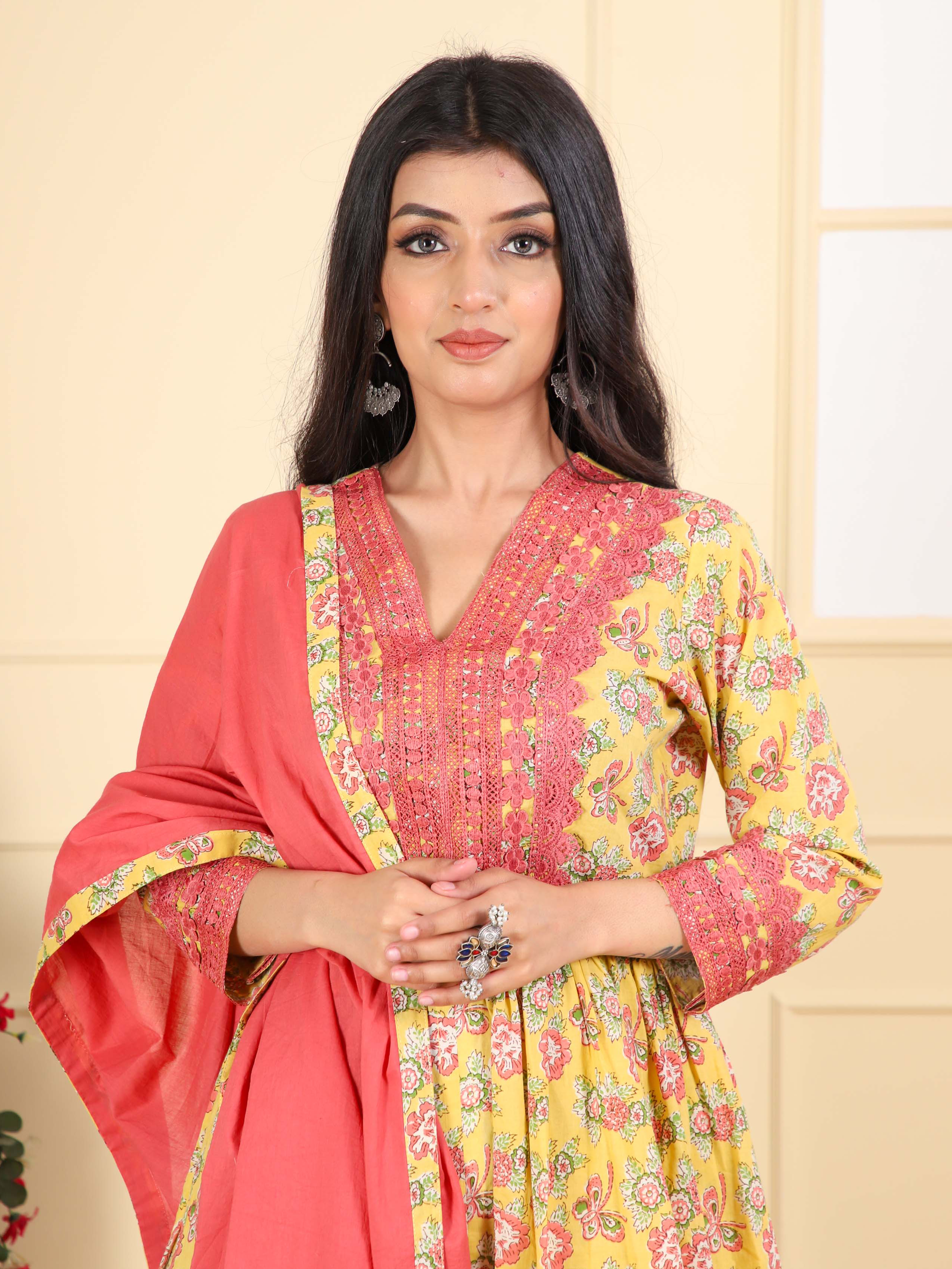 Printed Cotton Sharara Suit with Lace Detailing