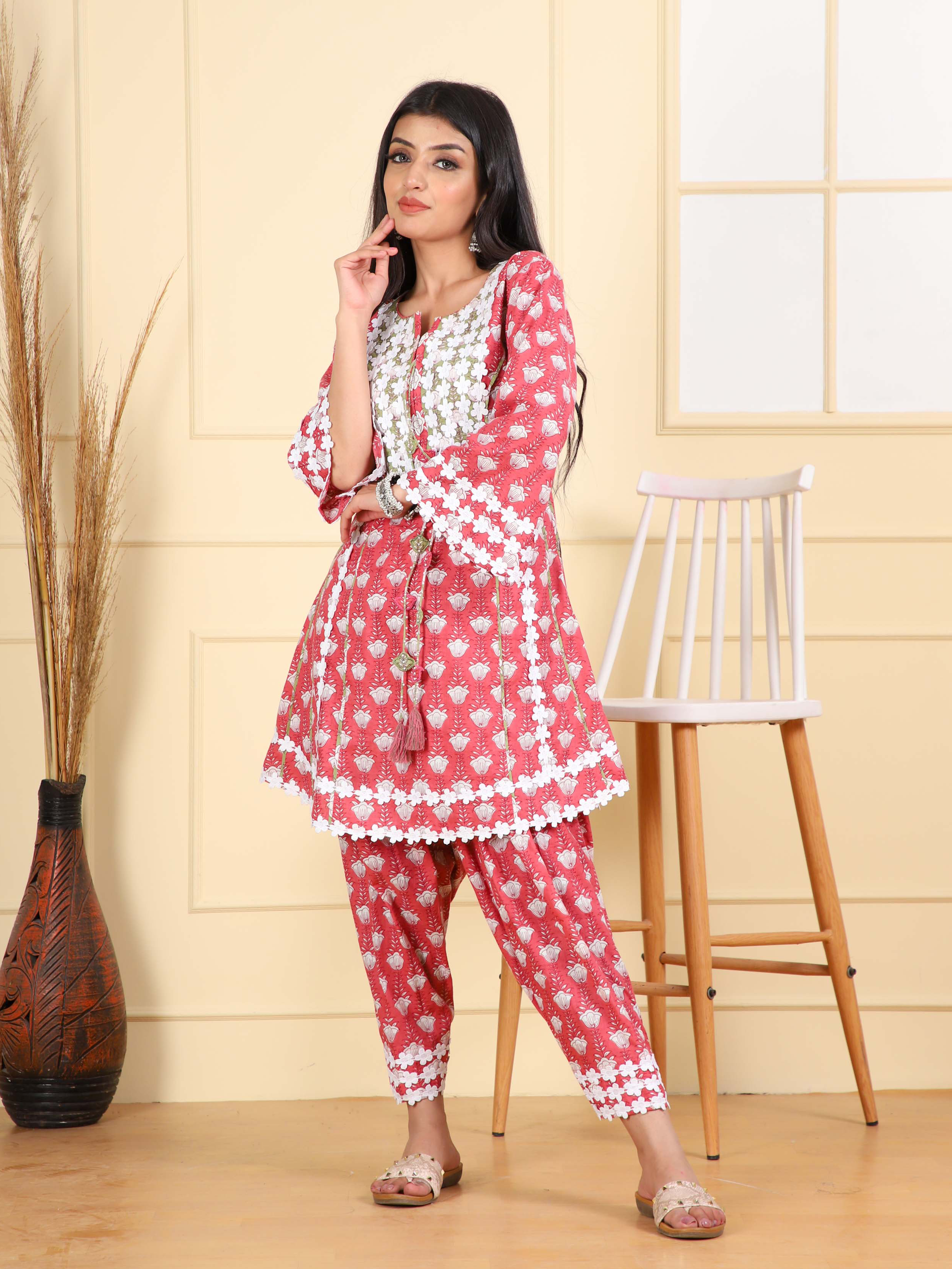 Short Kurta with Lotus Print & Straight Salwar