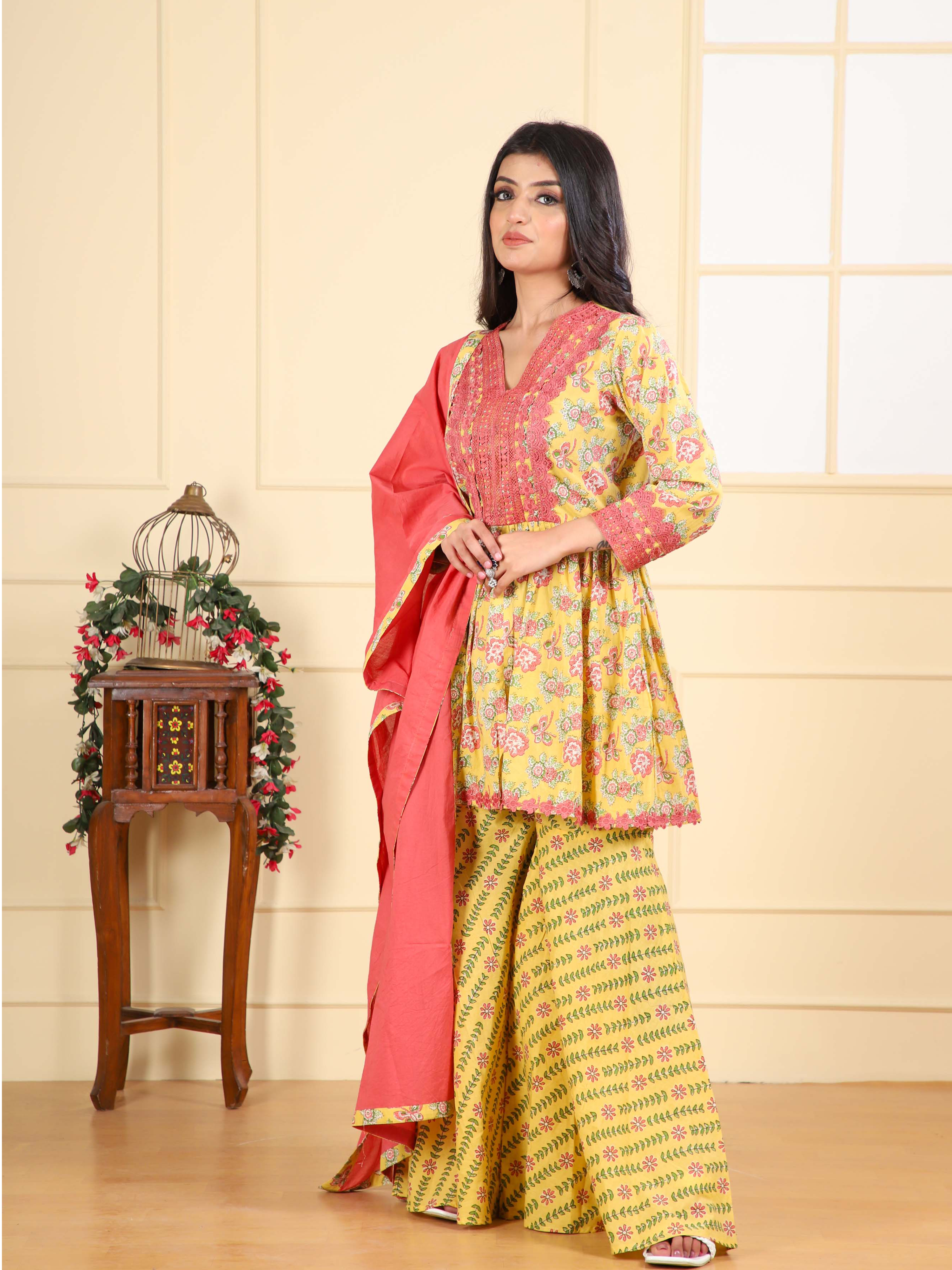 Printed Cotton Sharara Suit with Lace Detailing