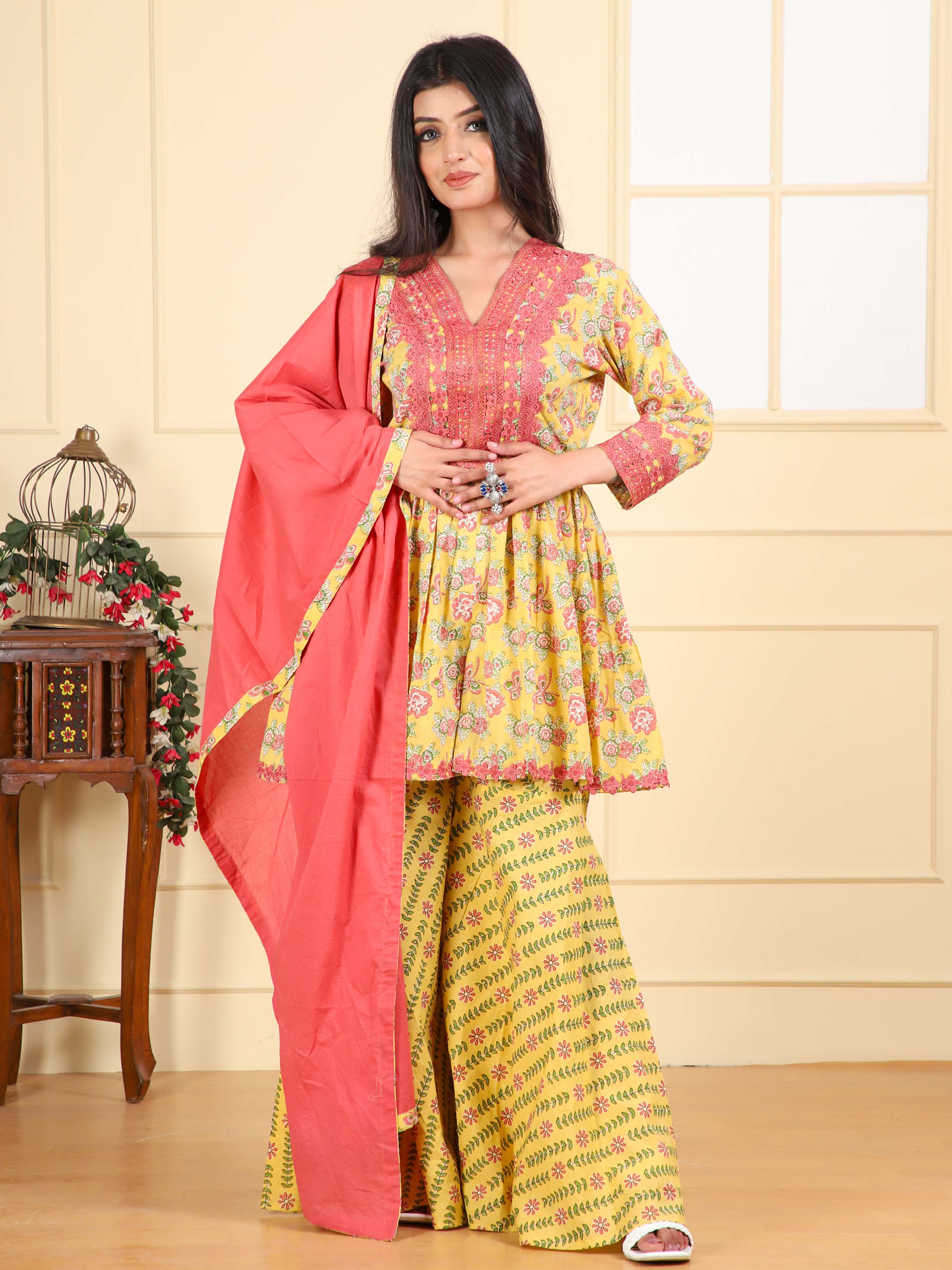 Printed Cotton Sharara Suit with Lace Detailing