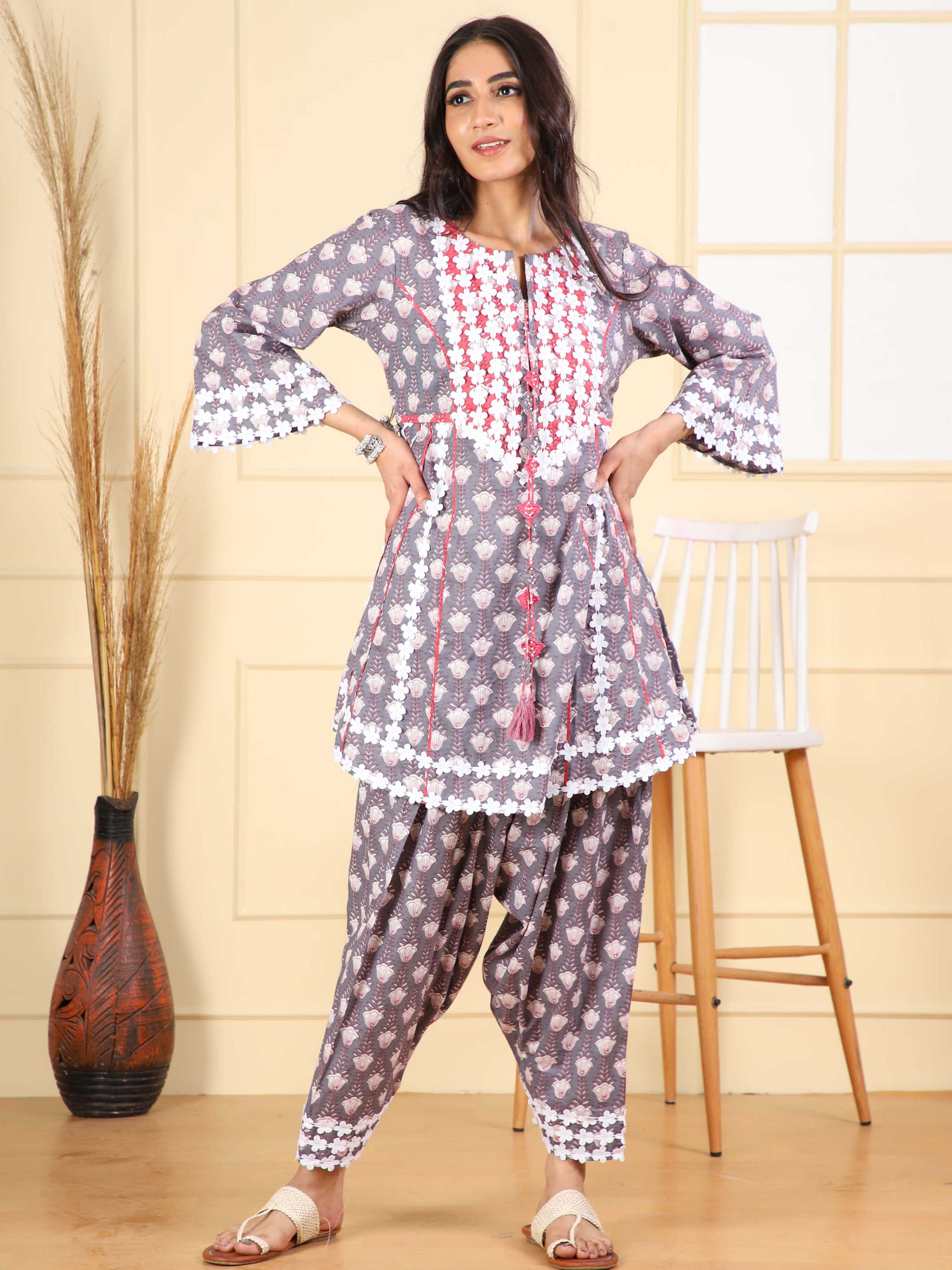 Short Kurta with Lotus Print & Straight Salwar