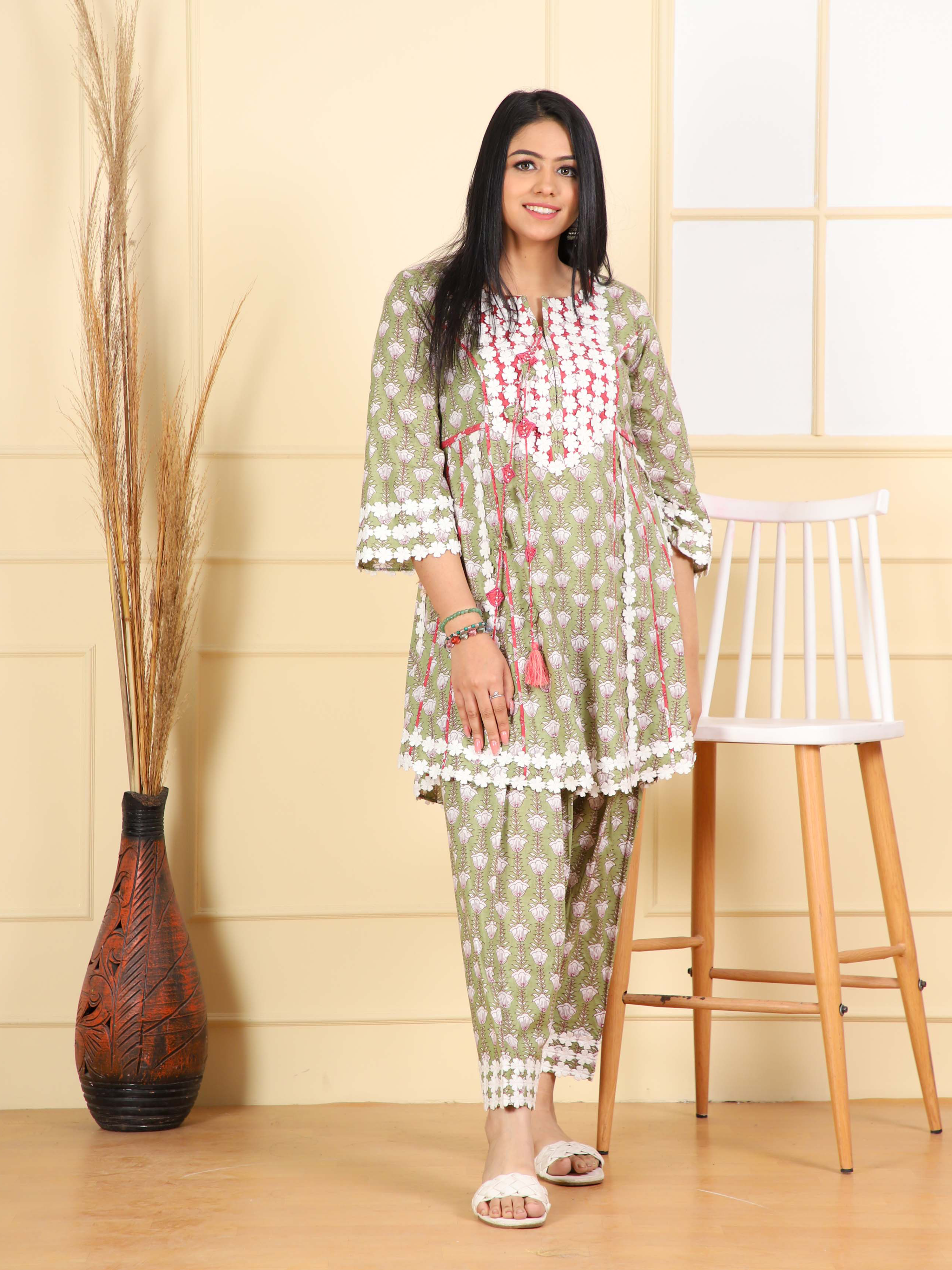 Short Kurta with Lotus Print & Straight Salwar