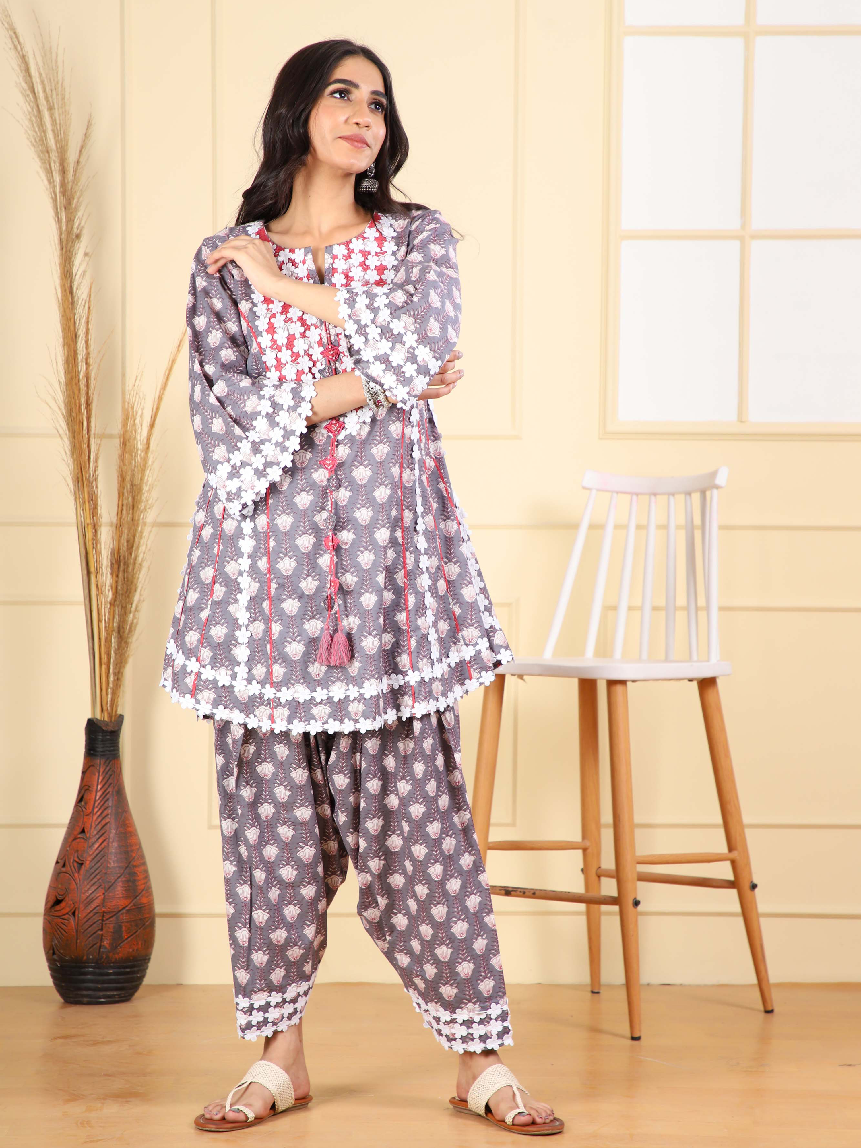 Short Kurta with Lotus Print & Straight Salwar