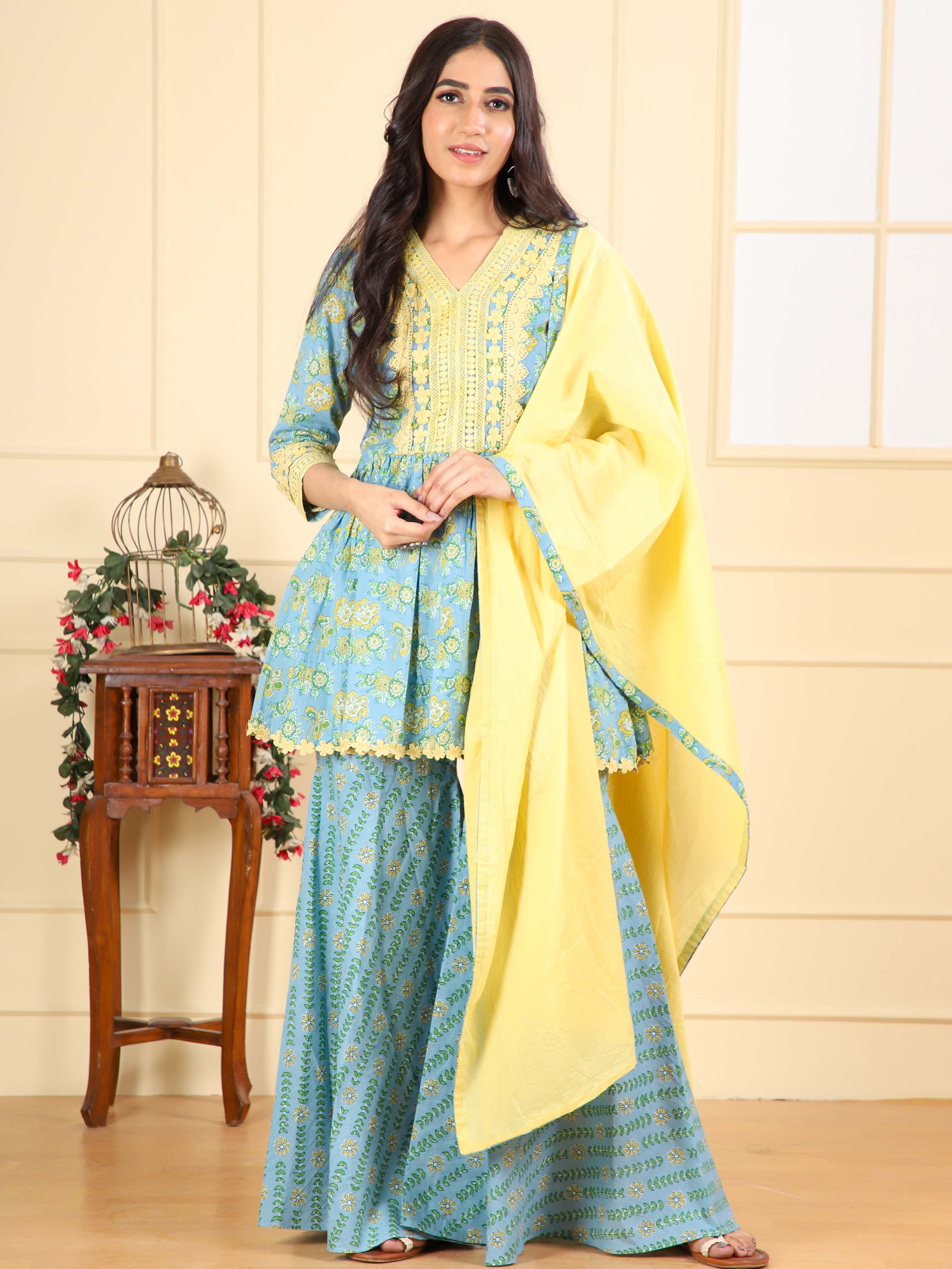 Printed Cotton Sharara Suit with Lace Detailing