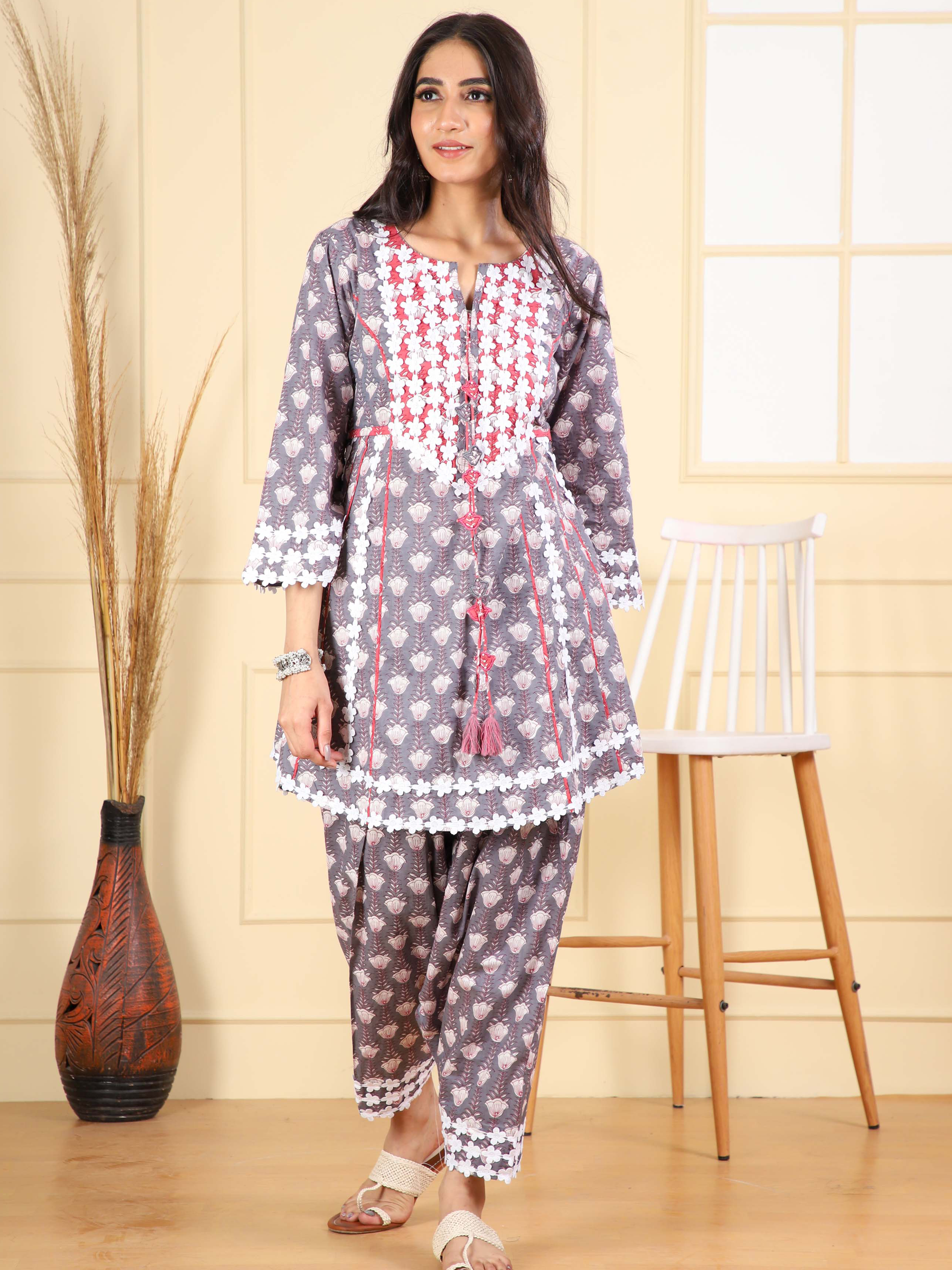 Short Kurta with Lotus Print & Straight Salwar