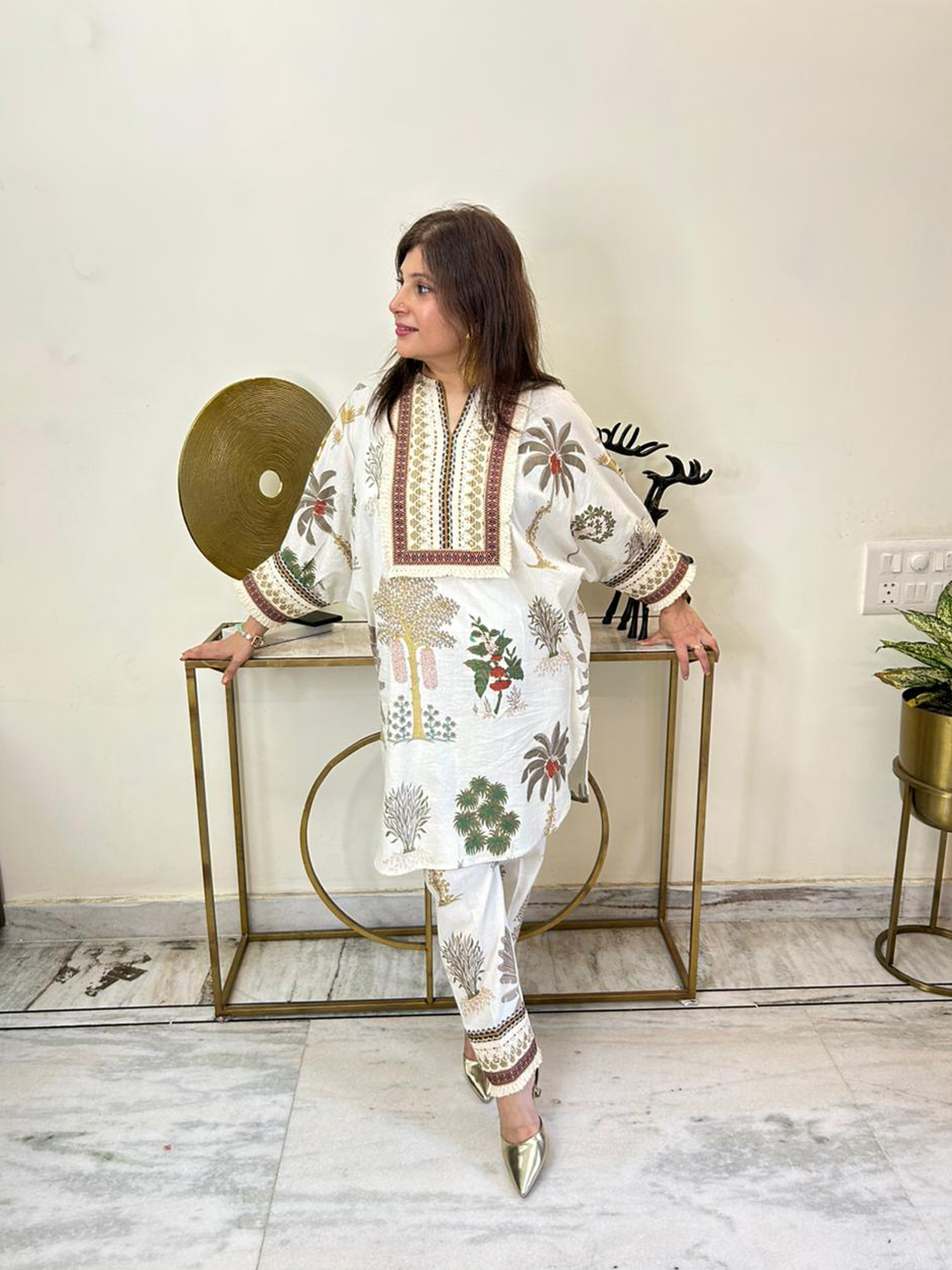 Short Kaftan with pants  fabric pure cotton  lace detailing in front n back sleeves n pants