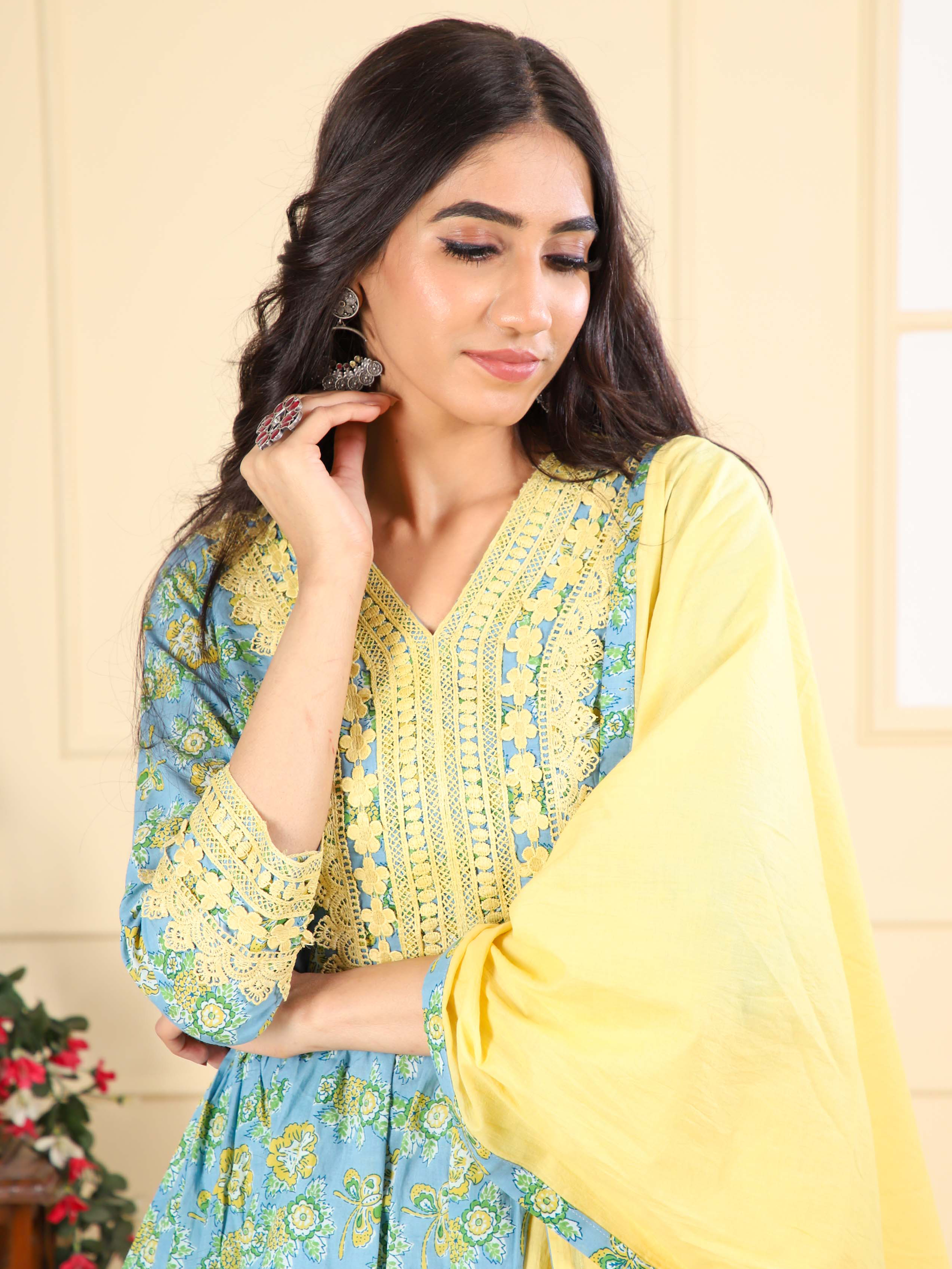 Printed Cotton Sharara Suit with Lace Detailing