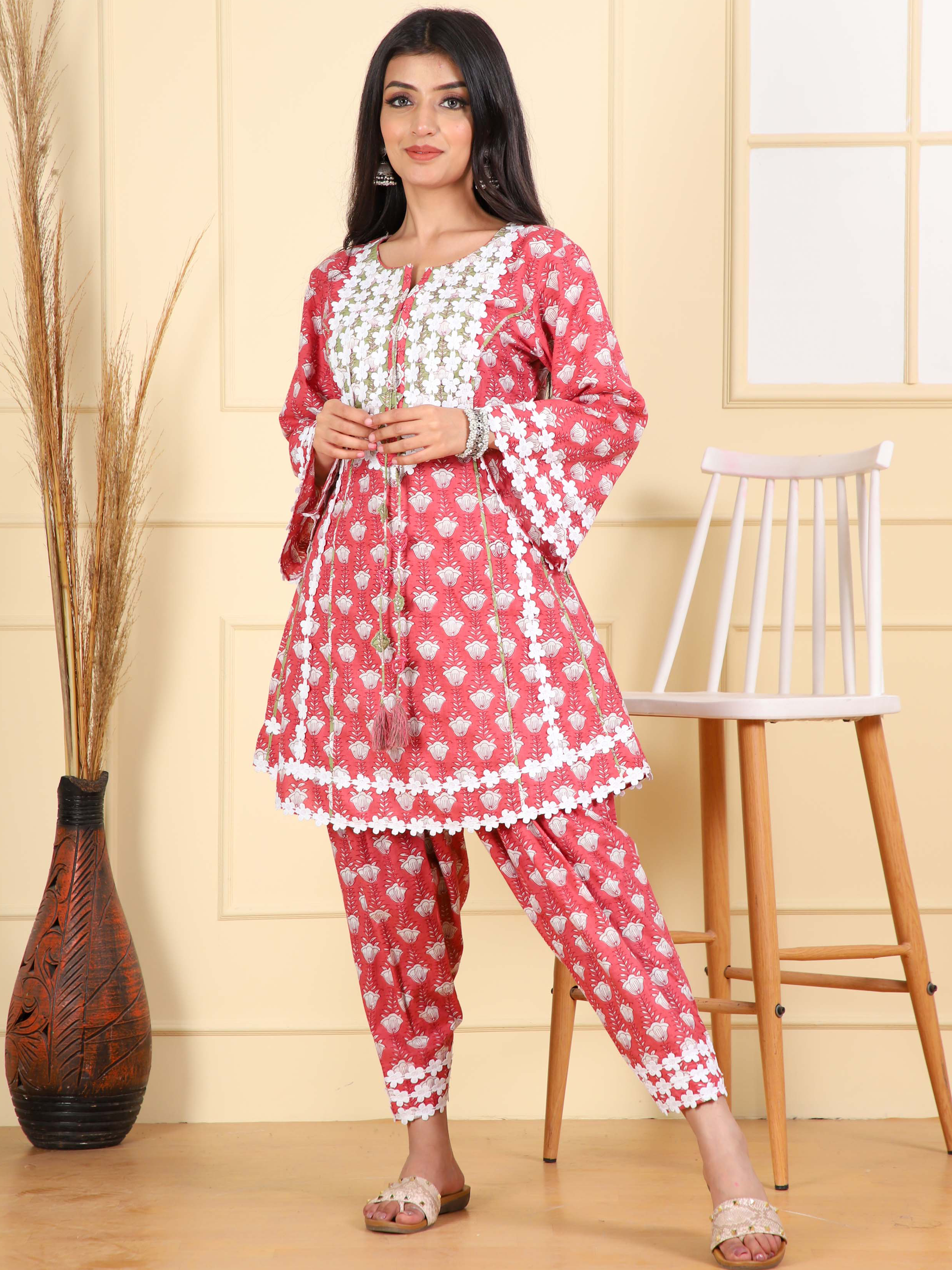 Short Kurta with Lotus Print & Straight Salwar