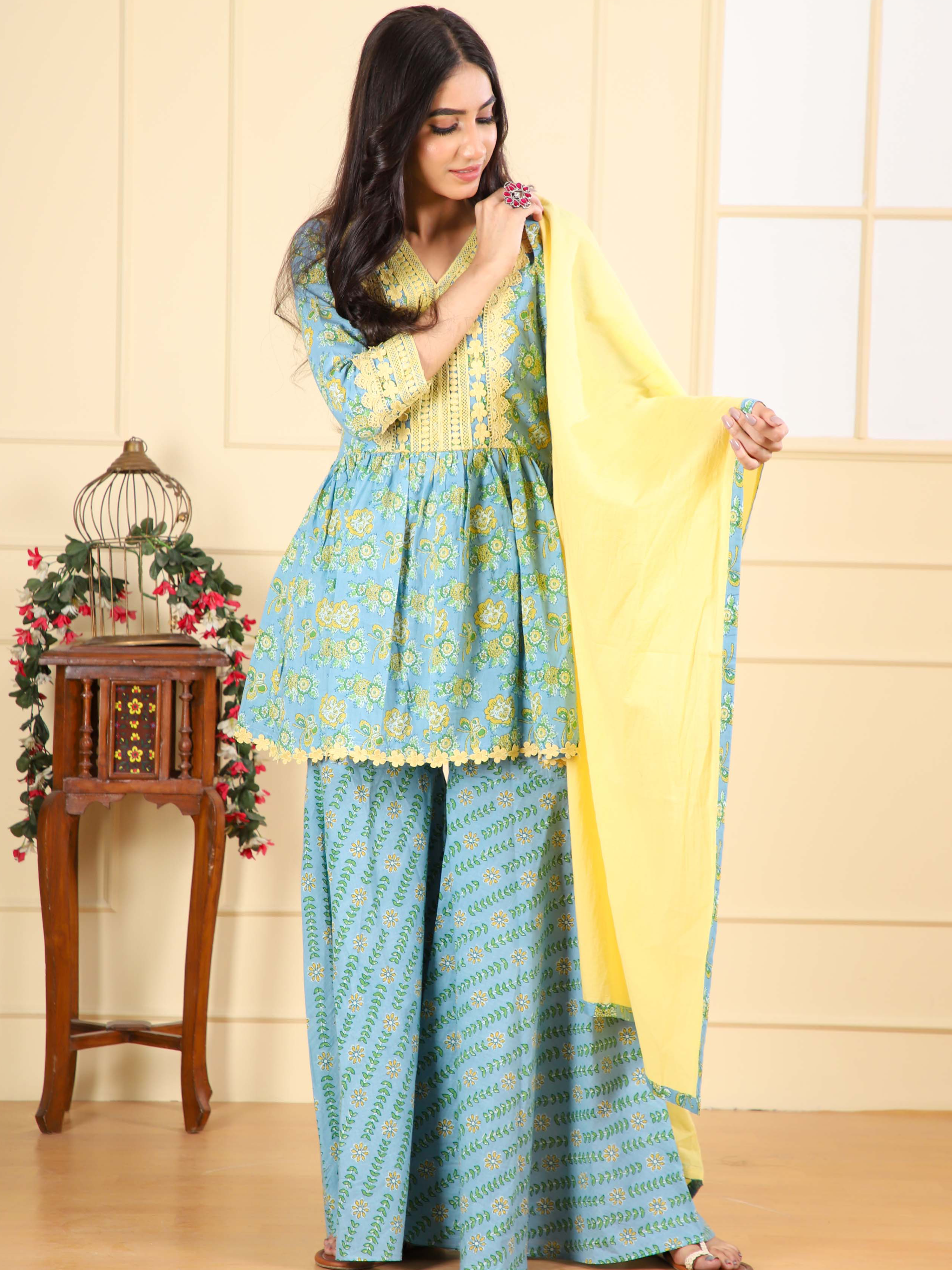 Printed Cotton Sharara Suit with Lace Detailing