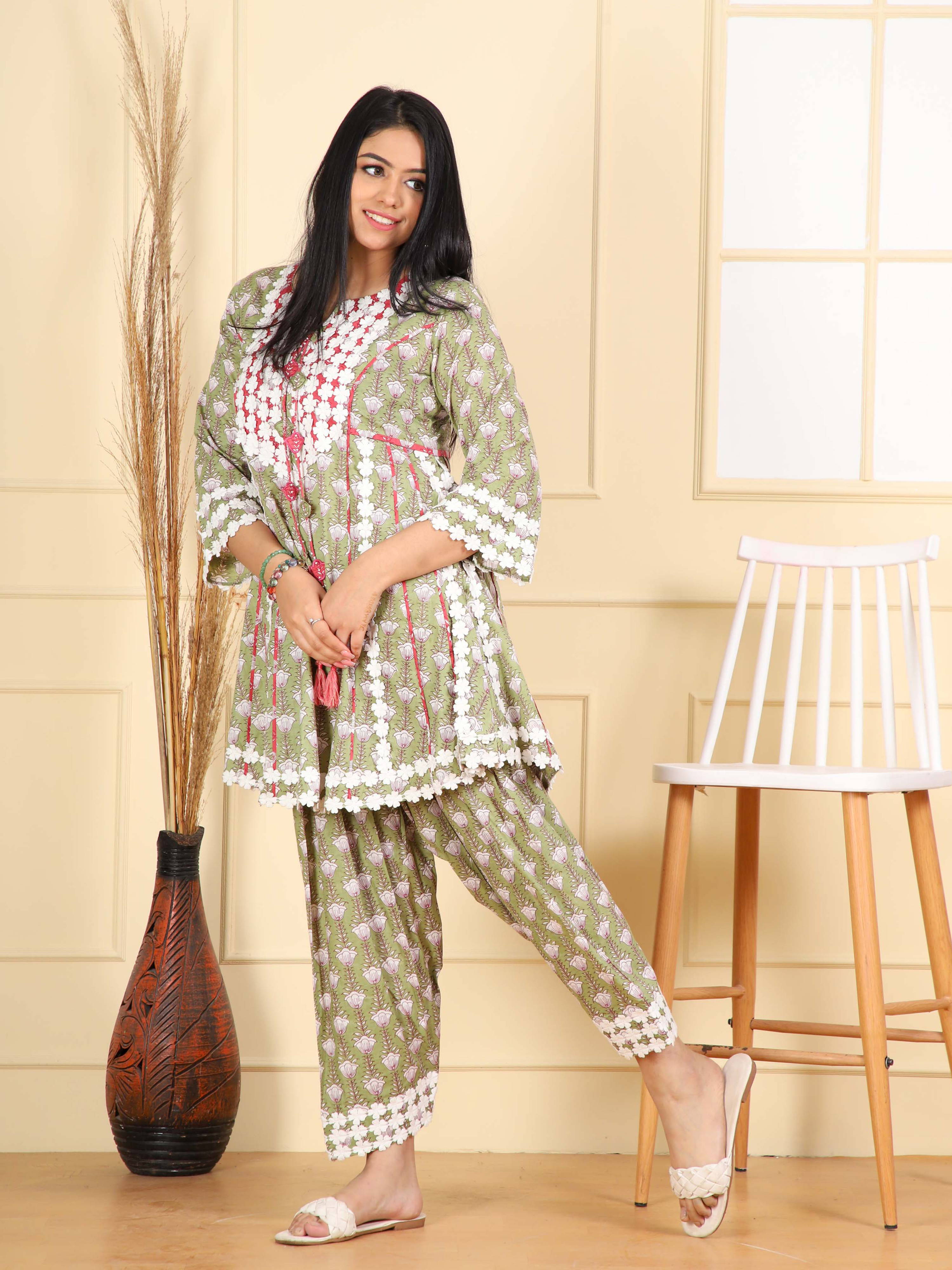 Short Kurta with Lotus Print & Straight Salwar