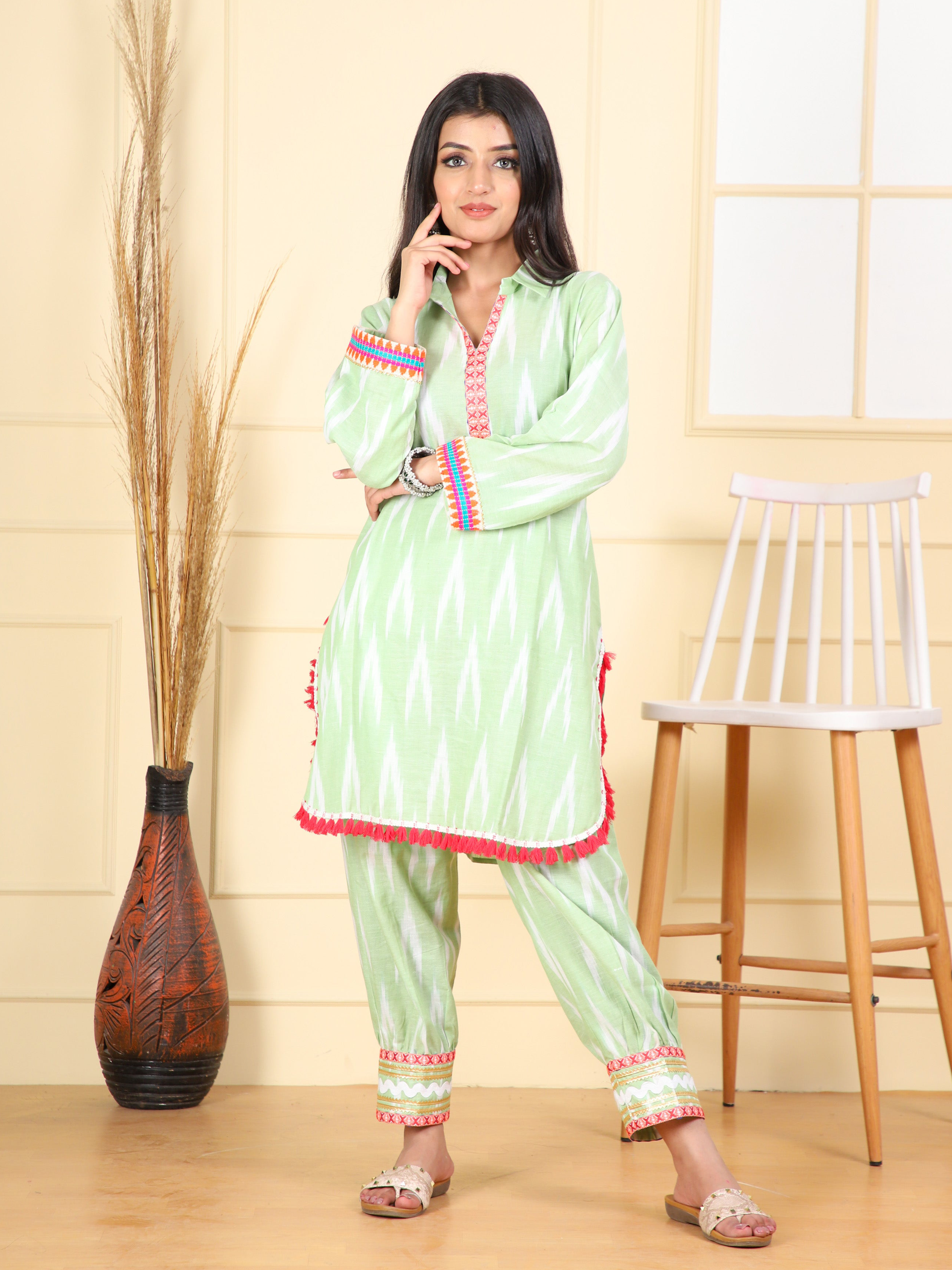 Cotton Printed Kurta Set With Ikkat Design