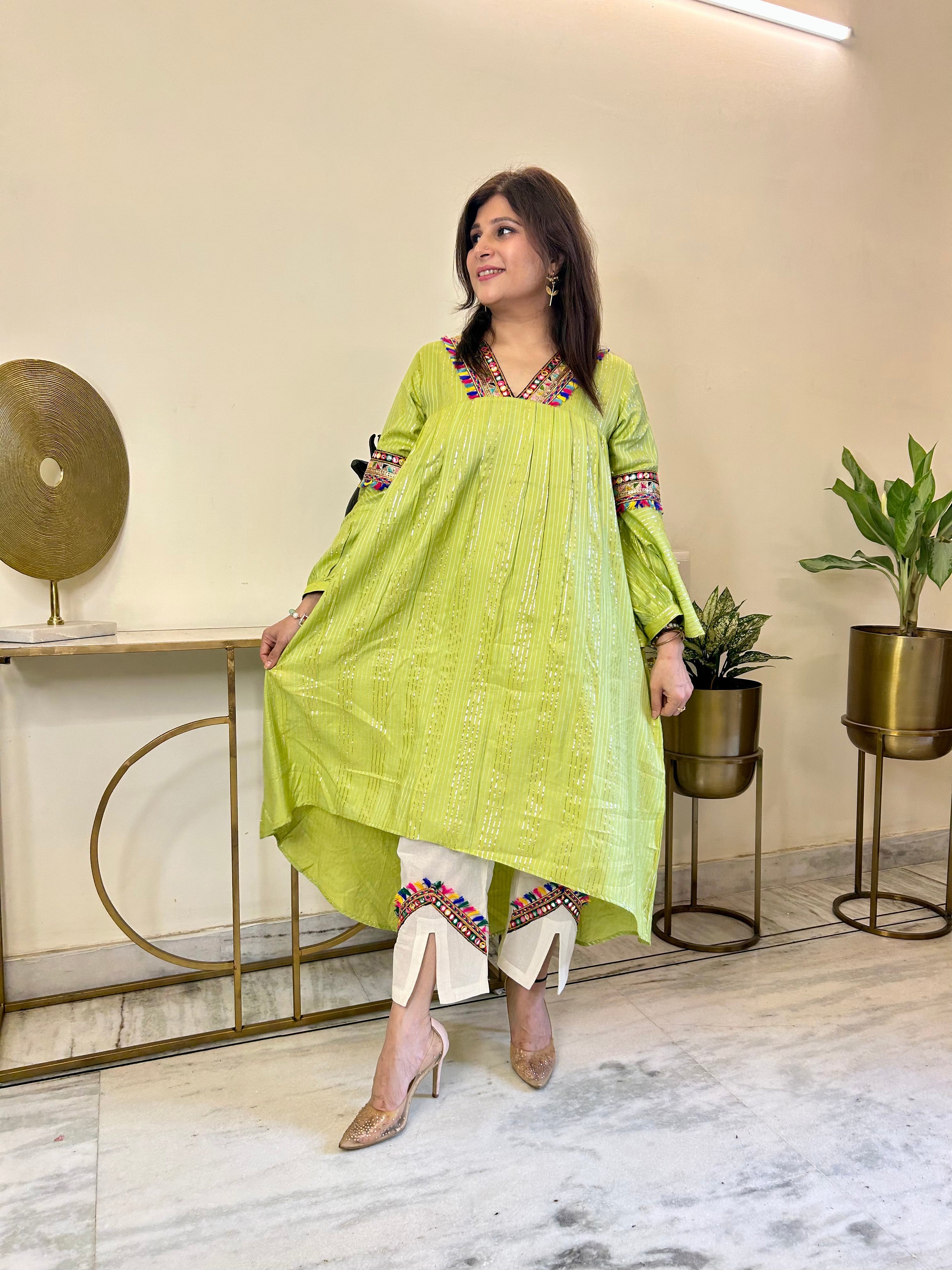 Cotton Pleated Lurix A line Kurtas In Candy Colours