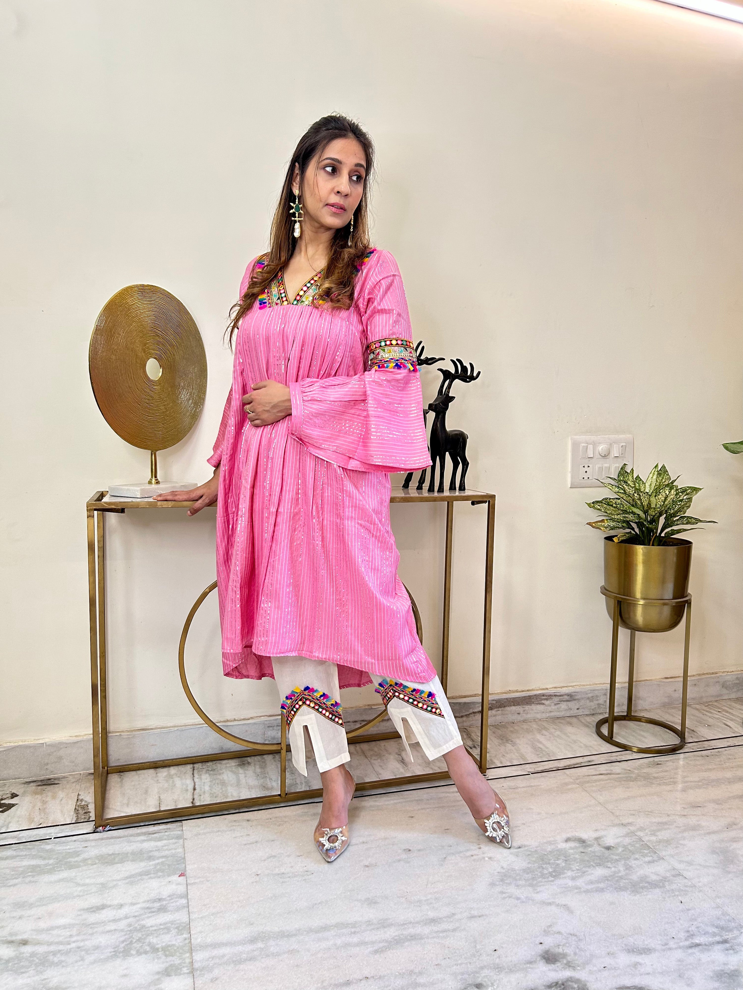 Cotton Pleated Lurix A line Kurtas In Candy Colours